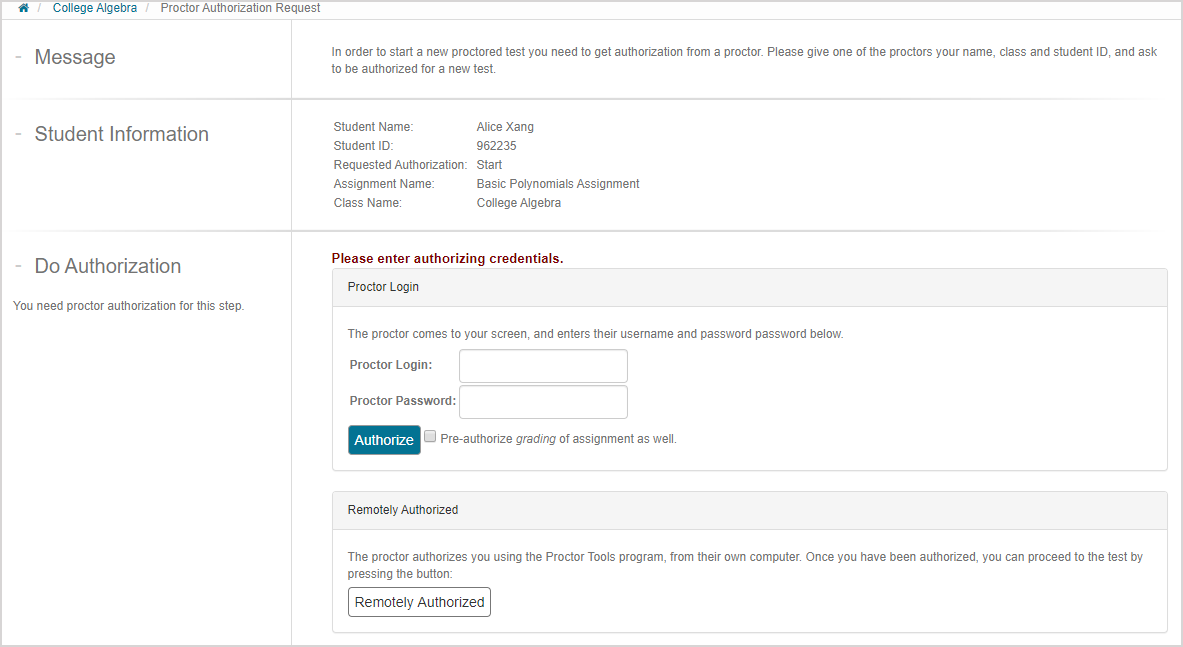 The fields and panes of the Proctor Authorization Request page.